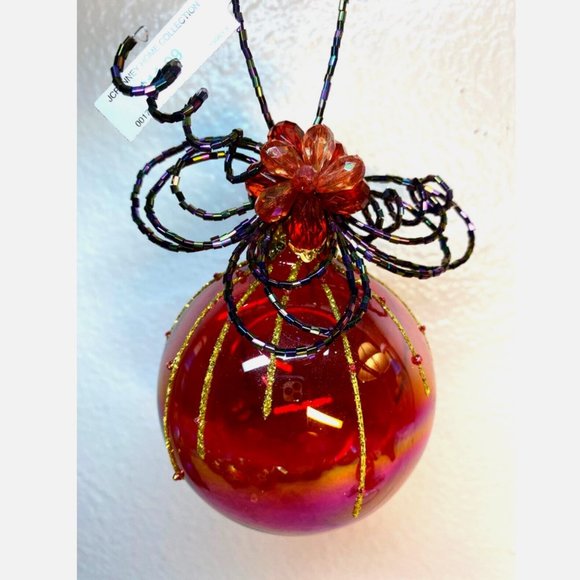 Vintage Christmas Glass Ornaments Red Teardrop Round W Beads Decor Set of 2 NWT - Picture 11 of 15